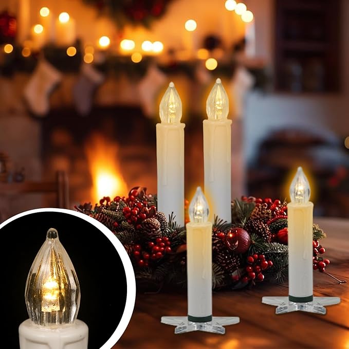DRomance Christmas Tree Flameless Taper Candle Lights Battery Operated with 10-Key Remote and Timer, 10 Pack Plastic Flickering LED Taper Candles Multi-Using Home Garden Holiday Decor 3.4"