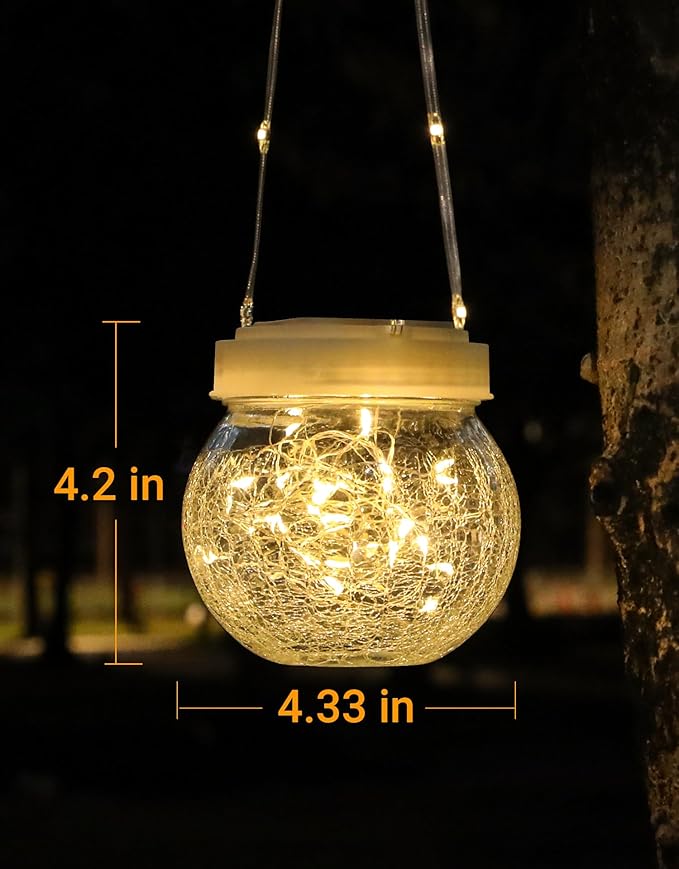 Solar Lantern Solar Lights Outdoor Waterproof 2-Pack, Solar Powered Hanging Lights Cracked Glass Hanging Globes for Christmas Decoration, Shepherd Hook, Garden Tree Ornaments, White Cap, Warm White
