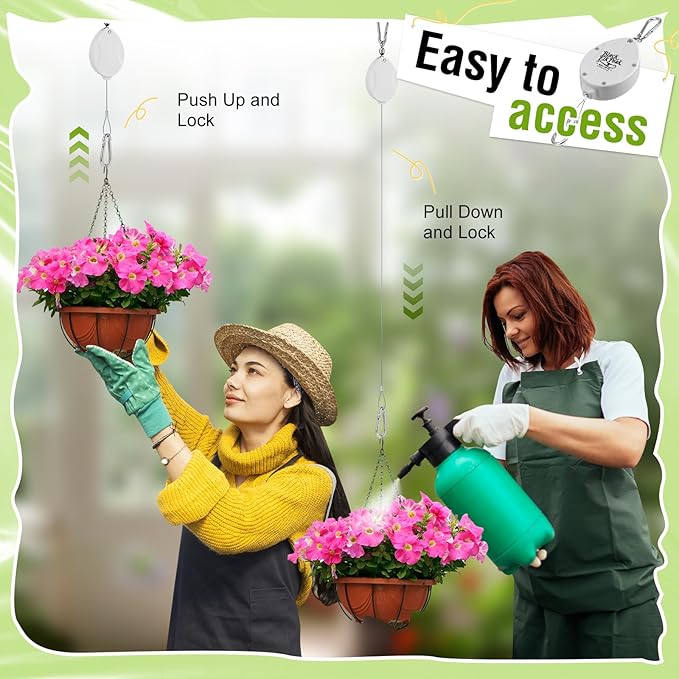 Plant Pulleys for Hanging Plants, Heavy Duty Retractable Hangers, 304 Stainless Steel Rope, Auto Plant Holder, Adjustable Climbing Hook for Garden Baskets Watering, or Bird Feeders 2PC (White)
