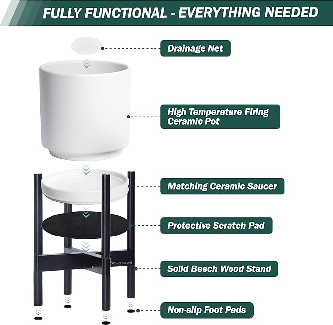 D'vine Dev Ceramic Planter with Ebony Stand - 10 Inch Modern Round Flower Pot with Wood Planter Holder, White, 55-B-L-1