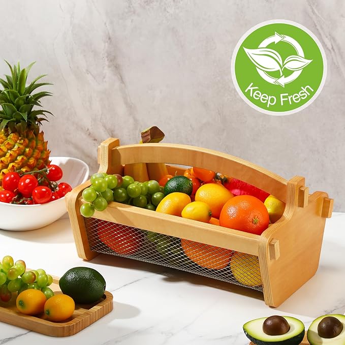 Garden Harvest Basket Mesh Storage with Handle Versatile Gardening Fruits Vegetables Gathering Basket Garden Supply Gardener Gift Spring for Washing Holding (Wood Color,13.4in)