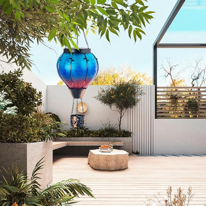 Starsoul Blue Hot Air Balloon Solar Lantern Glass Solar Hot Air Balloon Flickering Flame Hanging Garden Light Waterproof Solar Lamp Hot Air Balloon Garden Yard Farmhouse Decor