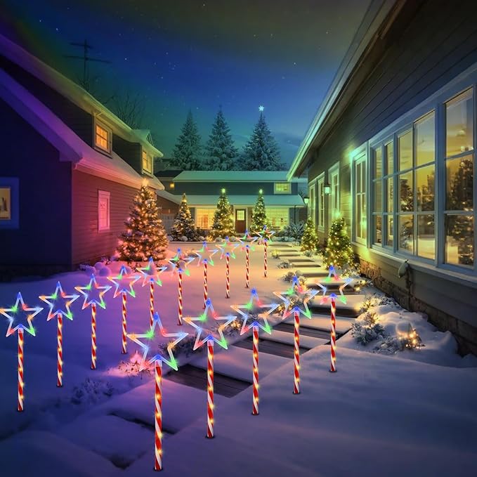 Solar Pathway Lights Outdoor, Landscape Multi-Color Pathway Star Lights with Red Stake, 8 Pack 120 LED Solar Walkway Light for Yard Path Garden Patio Lawn Decor