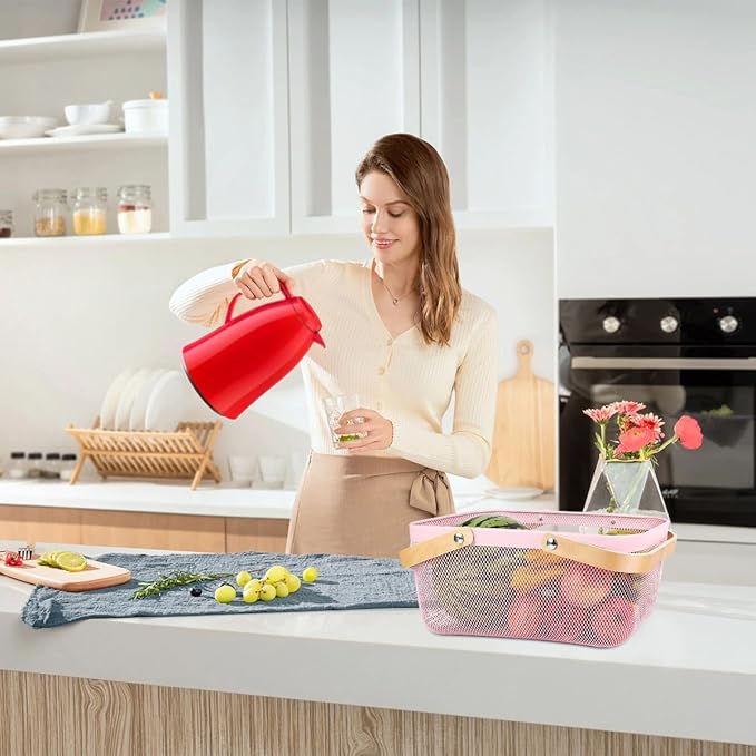 Portable Mesh Harvest Basket - Natural Bamboo Handle Foldable Organizer for Kitchen, Garden & Picnic | Ventilated Storage Bin with Rust-Proof Wire, Space-Saving Farmhouse Decor (Pink)