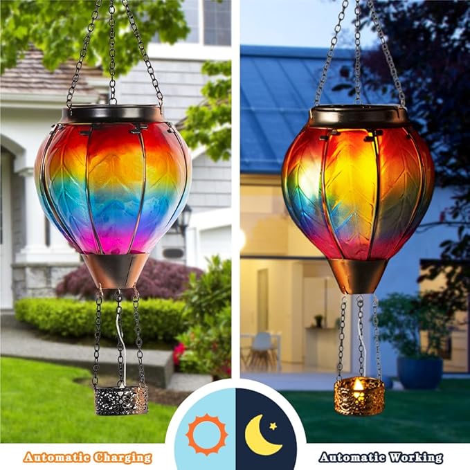 Starsoul 2 PC Rainbow Hot Air Balloon Solar Lantern with Flame Glass Outdoor Hanging Hot Air Balloon Solar Light Waterproof Garden Patio Yard Party Decorations
