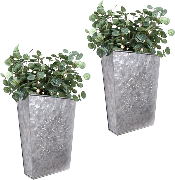 LESEN Galvanized Metal Wall Planter,Farmhouse Wall Decor Hanging Wall Vase Pocket Planters Flowers Holder Country Rustic Home Wall Decor,Set of 2