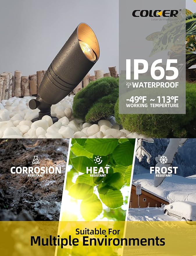 COLOER Brass Landscape Spotlights, 6 Pack Landscape Light Fixture with 5W Aluminum Housing MR16 LED Bulb 2700K 450LM,12V AC/DC Low Voltage Outdoor Spot Lighting,Uplight for Garden and Patio(102B)