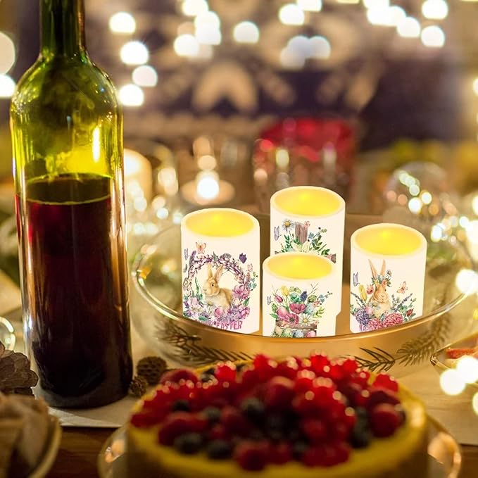 Happy Easter Flameless LED Candles Electric Candles with Remote Timer Colorful Light Control Long Lasting for Easter Day Decorations Pack of 4, Bunny Flower Butterfly Wreath, White