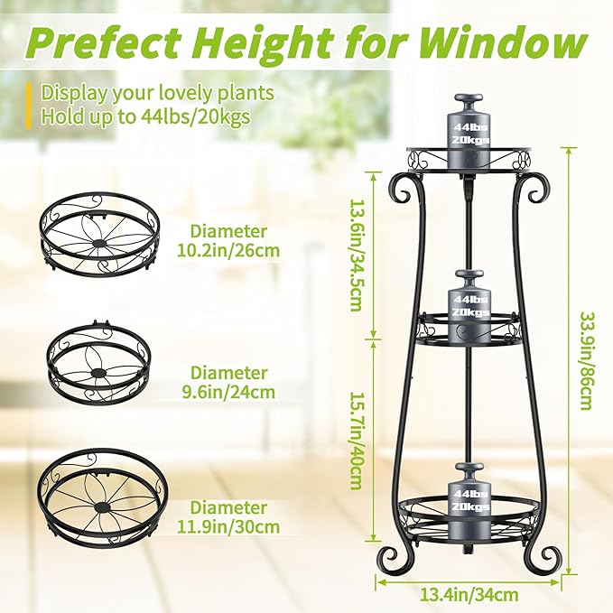 KMOTASUO 3 Tier Metal Plant Stand Indoor, 34 Inch Tall Corner Plant Stands for Indoor Plants, Flower Pot Holder Shelf Display Rack for Balcony Garden Patio Living Room(Black)