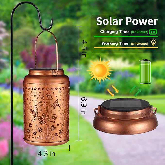 Solar Lantern Outdoor Hanging Lights Christmas Birthday Gifts for Women Mom and Grandma Butterfly Flower Metal Garden Decor Outside Waterproof LED Solar Lanterns for Patio, Yard, Pathway,Landscape