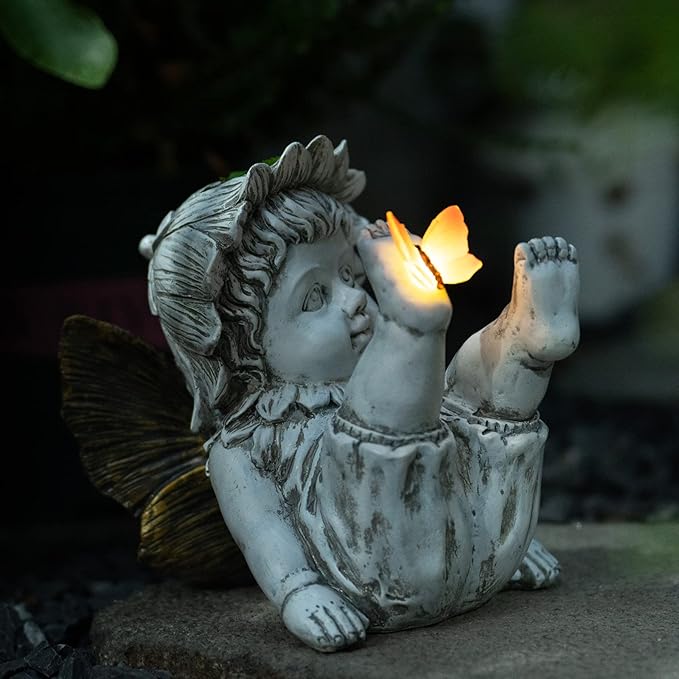 Garden Fairy Outdoor Solar Decor,Fairy Garden,Garden Sculpture,Resin Ornaments for Patio Lawn Yard Porch,Playful Garden Flower Fairy Statues for Outside Angel Gifts,7.91 Inches Tall