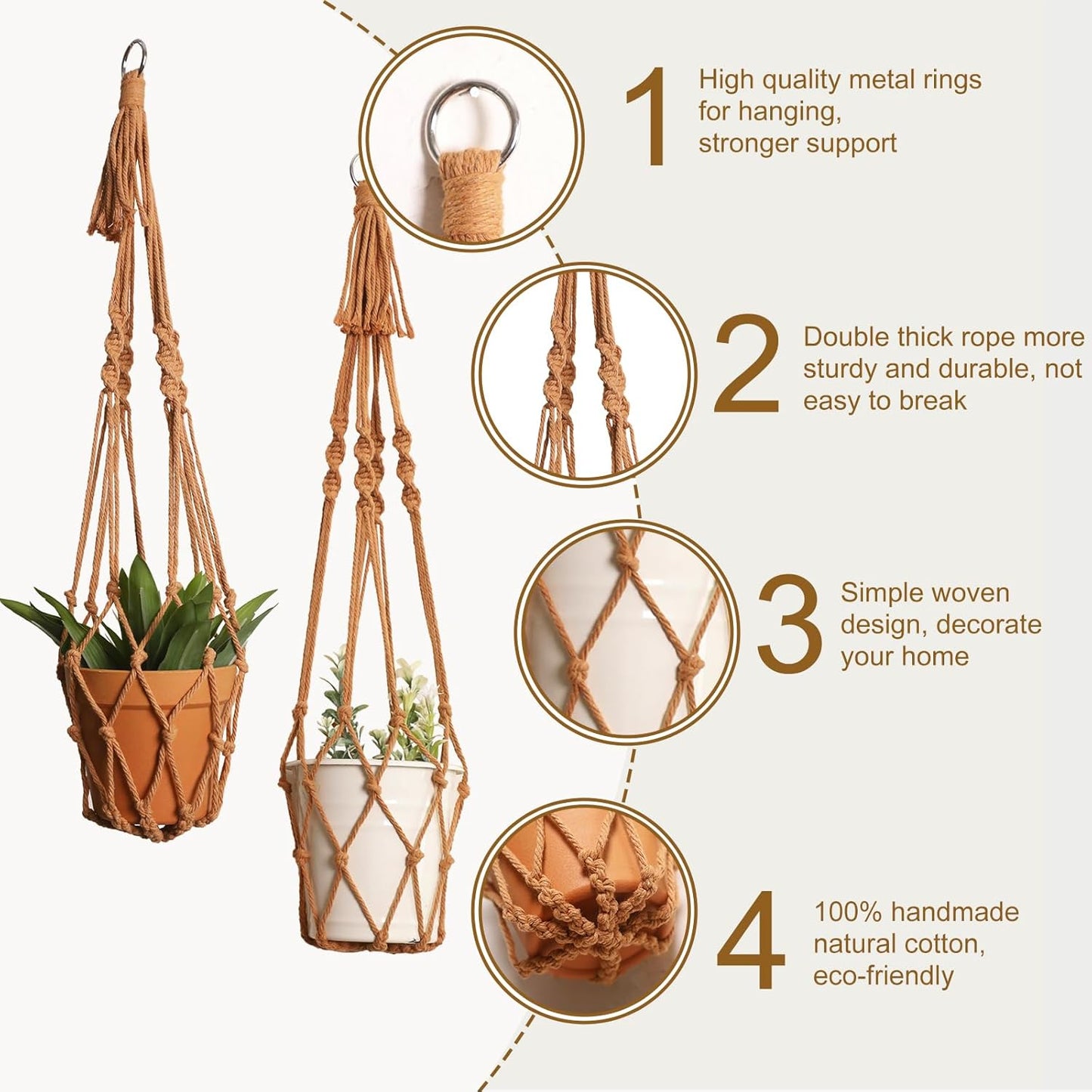 Artilady Macrame Hanging Planter for Indoor Plants, Boho Woven Plant Hanger Large Hanging Flower Pot Holders Outdoor Baskets Storage No Tassels Brown Wall Decor