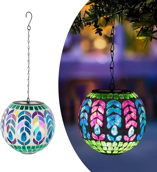 Solar Hanging Lanterns Outdoor Waterproof Glass Mosaic Gazing Ball Globe Hanging Lantern Lights for Patio Garden Yard Home Decor (Colorful)