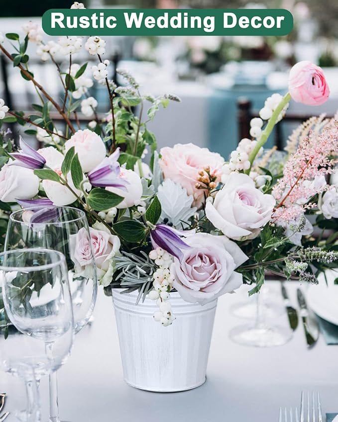 vensovo 6 Inch White Metal Rustic Flower Pots - 6Pcs Galvanized Planters with Drainage Hole and Rubber Plug, Rustproof Metal Bucket Plant Pots Farmhouse Vintage Style for Decor