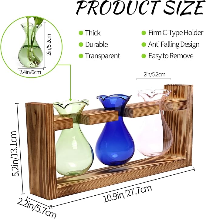 Plant Propagation Station Plant Terrarium Unique Birthday Gifts for Women Plant Lovers Home Office Decor Planter with Wooden Stand - 3 Bulb Glass Vase