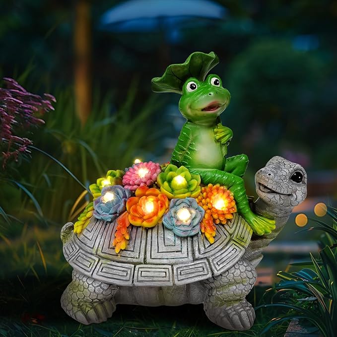 ILLUMINEW Solar Garden Outdoor Statues Turtle& Frog with Succulent and 8 LED Lights, Turtle Carrying Lotus Leaf Frog Figurines, Lawn Decorations for Patio Yard Gifts for Mom Grandma Housewarming