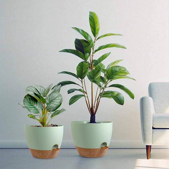 Big Self Watering Pots 12/10/9 inch, Planter, Plant Pots with Mesh Drainage Holes for Indoor Outdoor Garden Plants, Plastic Flower Pots with Removable Deep Reservoir, Green with Brown