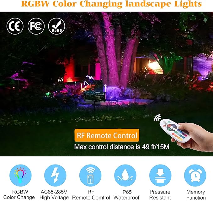 RGBW Spotlight Outdoor 12W LED Warm White Landscape Lights 120V Landscape Lighting with 3-Pin US Plug Waterproof Spot Lights Outdoor for Yard Garden Patio Lawn Decorative(2Pack)