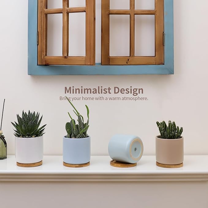4 Inch Planters with Drainage Hole and Saucer, Small Ceramic Cylinder Plant Pot with Trays for Succulent, Aloe, Cactus & Herbs, Morandi Colors, Set of 4