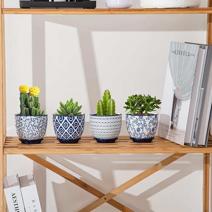 Ceramic Succulent Planter Pots - 3.5 Inch Small Flower Pot with Drainage Holes and Saucers for Indoor Plant, Cactus, Herbs, Outdoor Plants, Home Decor, Set of 4, Vintage Blue