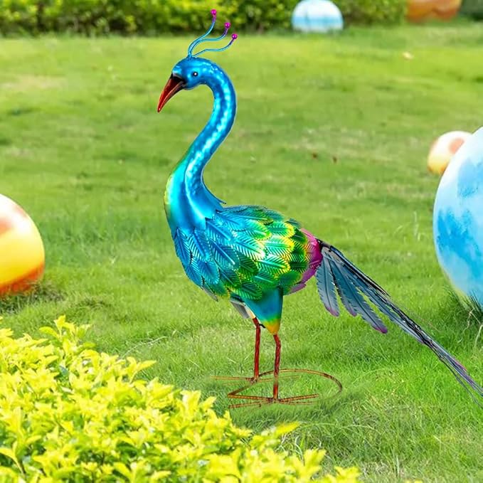 VEWOGARDEN Peacock Outdoor Statues Metal Peacock Tail Spread Garden Sculptures & Statues for Yard Lawn Patio Pool Outside Decorations, Blue