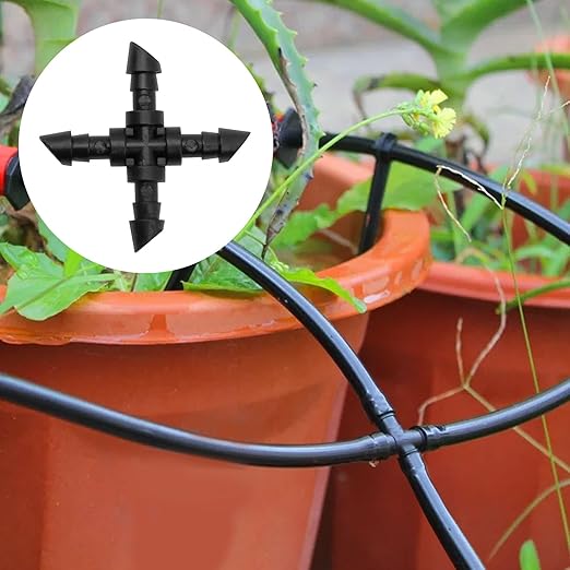 Connectors Automatic Drip Irrigation Kit Fit for 1/4 Inch Drip Irrigation Tubing Drip Line Cross Connectors for Garden Lawn Flower Pot (4-Way)