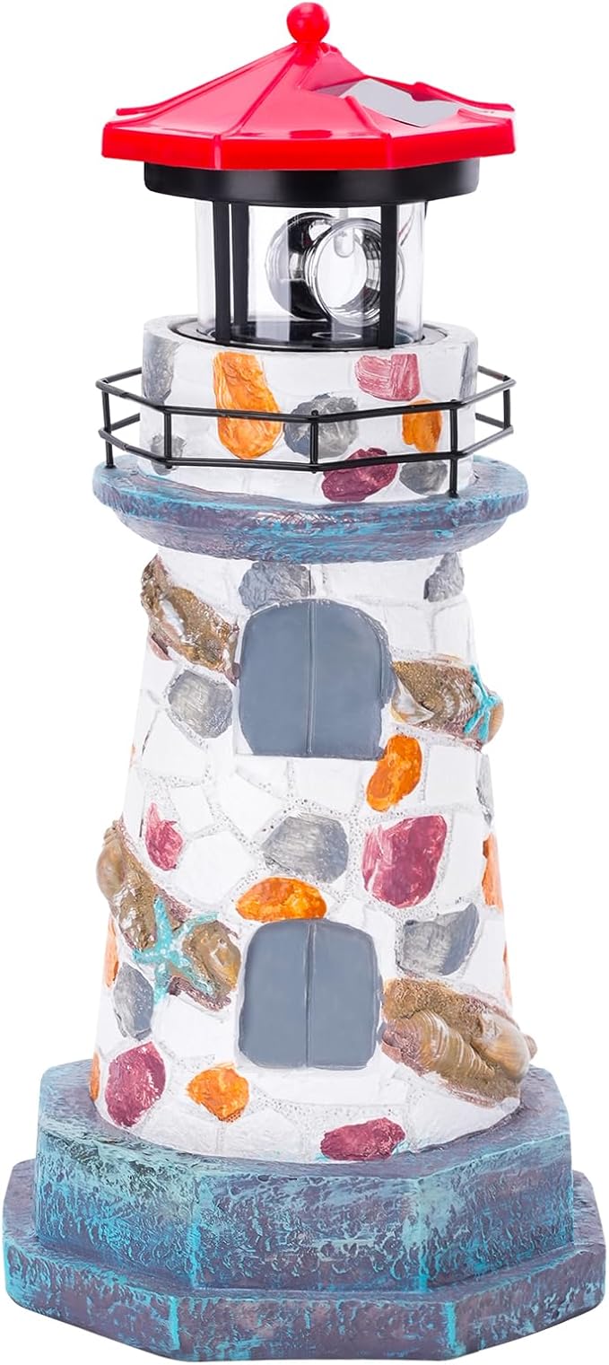 Solar Lighthouse with Rotating Beacon,11.4" Outdoor Garden Lighthouse Decor,Waterproof Statue Lighthouse Lamp for Yard Lawn Patio Gifts