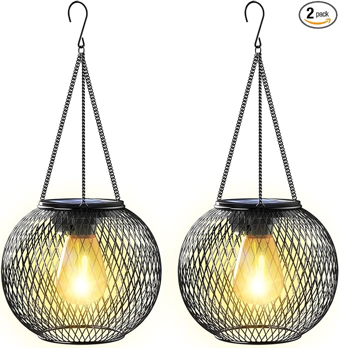Solar Lantern Outdoor, Upgraded Hanging Lights Outdoor Garden Metal Lanterns Decorative Lighting Powered Waterproof Tree for Yard Patio Pathway, 2 Pack, Black