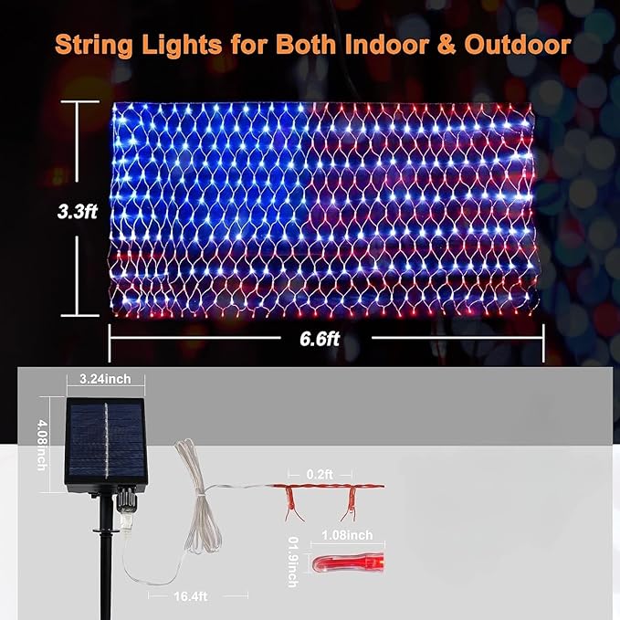 MUYUN American Flag Lights Solar Powered&Plug-in, 420LED Flag Net Light with Remote, 8 Modes Fairy String Light for Christmas Decorations Party Home Decor July 4th Independence Day
