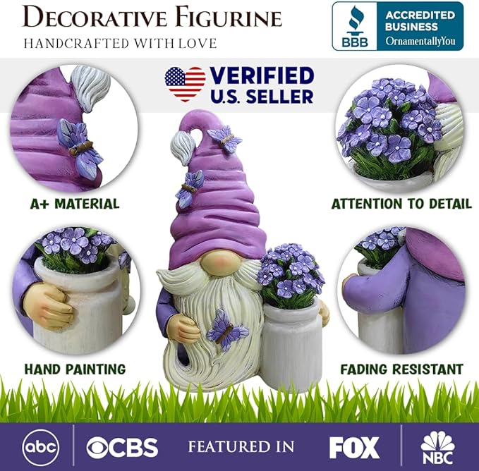 Garden Grace Lavender Gnome Figurine, 10" Purple Home Decor Statue with Butterflies and Flowers