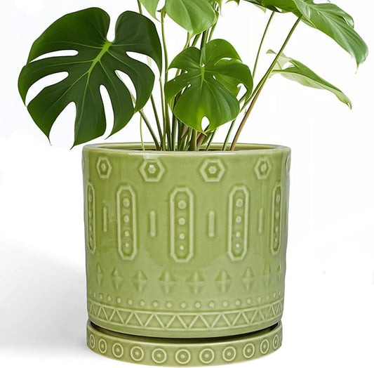 Ceramic Pot for Plants - 10 Inch Indoor Plant Pots with Drainage Holes and Saucer, Boho Round Planter Outdoor, Decorative Large Planter for Flower, Living Room Decor, Garden Gifts, Green