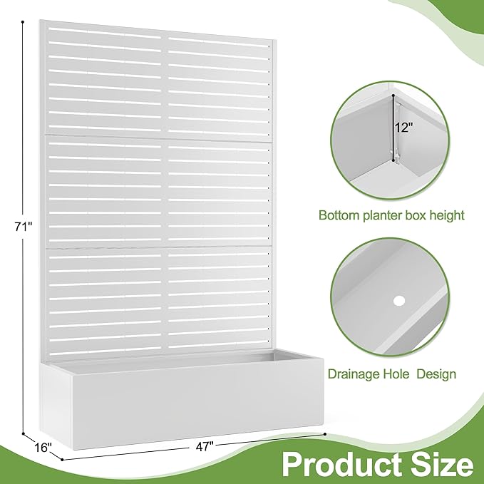Trellis for Climbing Plants Outdoor，Mental Garden Bed with Drainage Holes Outdoor Privacy Screen Design Tall planters for herb Flower Vegetables 73"x47"x16", White-Louvered