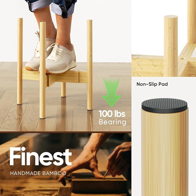 MUDEELA Adjustable Plant Stand Indoor, Bamboo Plant Stand 8 to 12 Inches, Single Floor Plant Stand for Indoor Plants, Bamboo Natural Planter Stand for Indoor Plants, Pot Plant Not Included