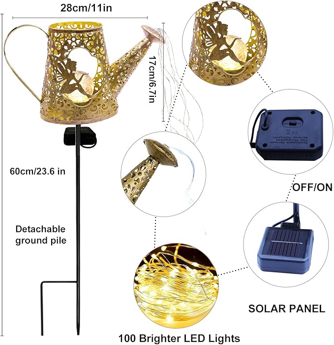 VOOKRY Solar Watering Can with Lights, Outdoor Garden Solar Lights Pathway Stake Lights Waterfall Fairy Lights Decorative Lights for Walkway, Yard, Lawn, Patio, Gardening gifts for Women, Mother's Day
