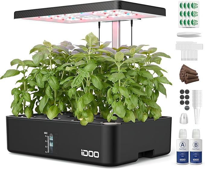 iDOO Hydroponics Growing System Kit 12Pods, Gardening Gifts for Women Mom, Indoor Herb Garden with LED Grow Light, Built-in Fan, Auto-Timer, Adjustable Height Up to 11.3", 12Pods-Black