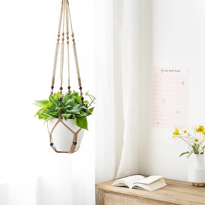 Mkono 43 Inch Macrame Plant Hanger Large for up to 12 Inch Pot Extra Long Hanging Plant Holder No Tassels Hanging Planter Basket with Wood Beads for Indoor Outdoor Home Decor, Brown, Set of 2