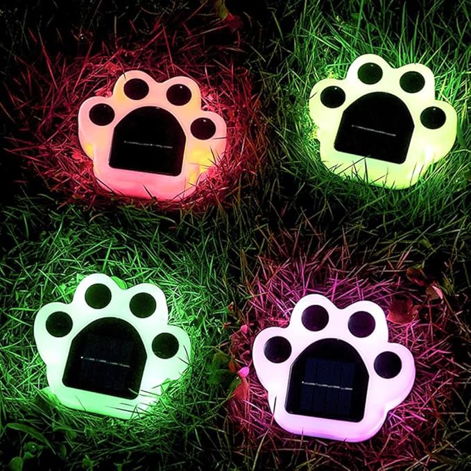 Outdoor Solar Lights, Automatic 7 Color Changing Solar Paw Print Lights, Rechargeable Paw Print Solar Garden Lights Outdoor Waterproof Led Garden Lights Beautiful Solar Powered Outdoor Decor(4 Packs)