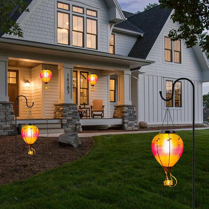 Large Solar Hot Air Balloon Lantern with Flame, Colorful Glass Hanging Balloon Lanterns Outdoor Waterproof Garden Decor for Yard Patio, Birthday Mother's Day Gifts for Women Mom