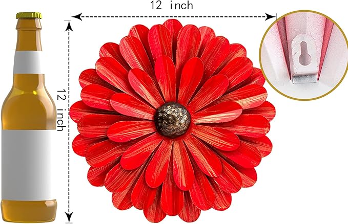 EASICUTI Red Metal Flowers Wall Decor Metal Wall Art Decorations Hanging For Indoor Outdoor Home Bathroom Kitchen Room Bedroom Living Room Garden Patio Porch 12 Inch