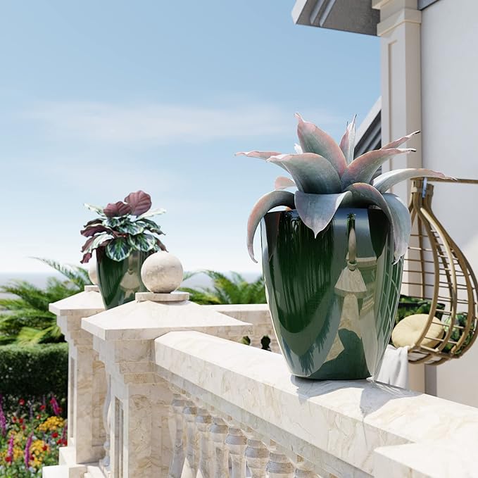 QCQHDU Plant Pots Set of 2 Pack,10 Inch Plant Pot for Indoor and Outdoor Plants with Drainage Hole,Flower Pots Modern Decorative Planter for Garden Plants (Green)