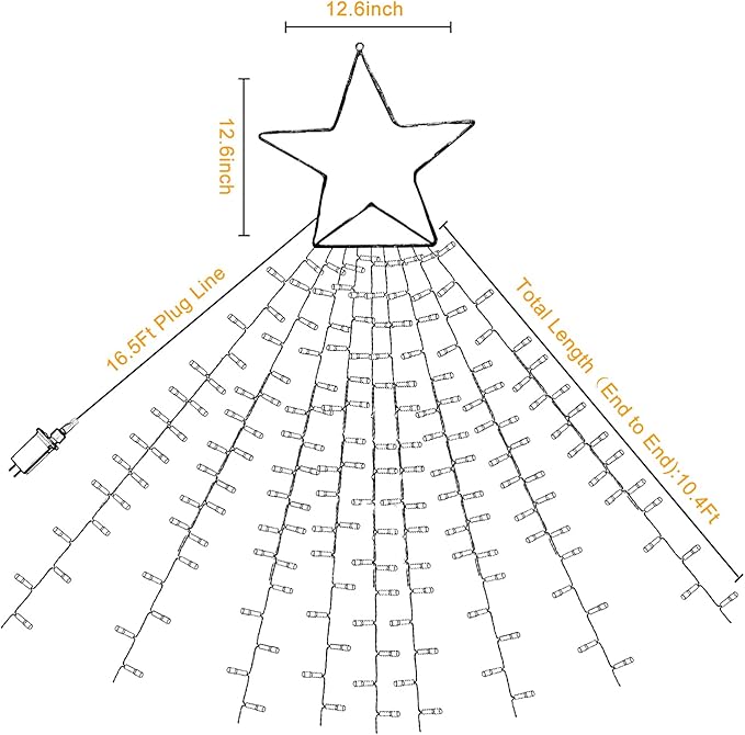 Christmas Decorations Star String Lights, 320 LED Waterfall Tree Lights with 13" Topper Star 8 Lighting Modes Indoor Outdoor Decorative for New Year, Holiday, Wedding, Party (Multicolor)
