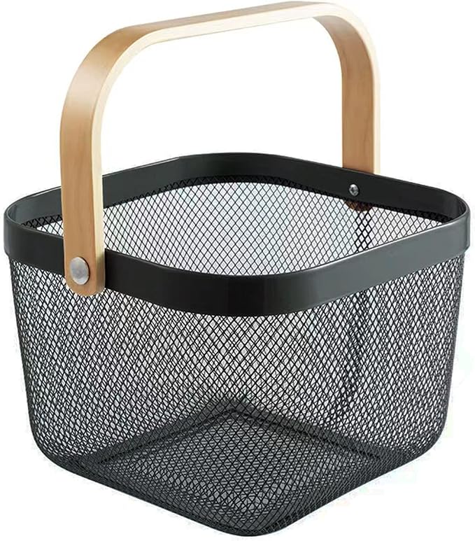 Metal Mesh Steel Basket, Storage Organizer Basket Multi-functional Hanging Kitchen Baskets Fruit Basket Bin with Bamboo Handle for Kitchen Bathroom Picnic Shopping Decor Cabinet Home, Black