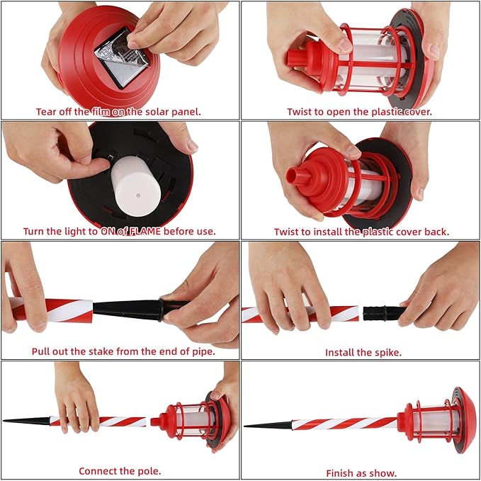 Dynaming 6 Pack Christmas Solar Flame Garden Lights Outdoor, Dual Use Flickering Flame Torch Candy Cane Pathway Marker, Xmas Hanging Lantern Lights, Waterproof & Auto On/Off for Patio Walkway Driveway