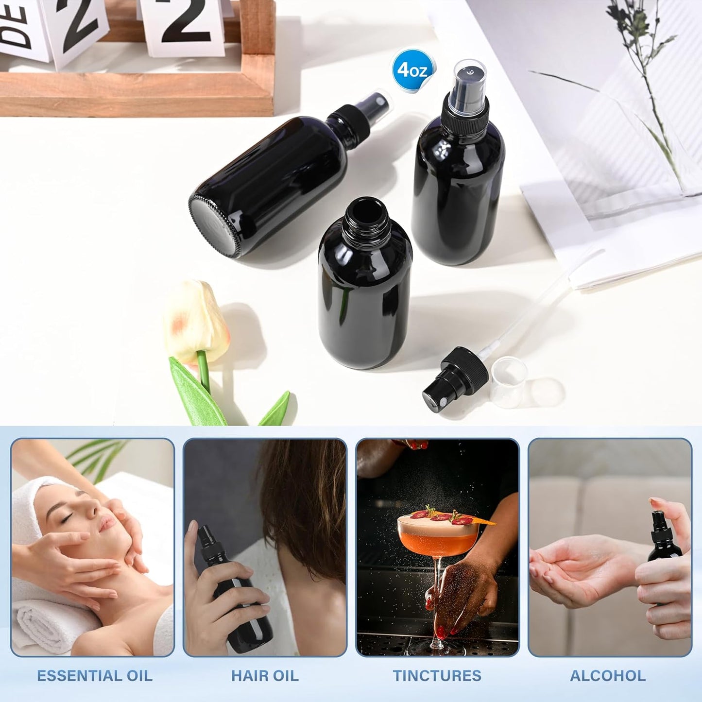 4 PCS, 4 oz Black Glass Mini Spray Bottles, Fine Mist, Refillable Containers for Cleaning Solutions and Skin Care