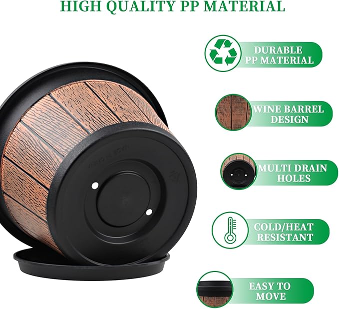 Quarut 4 Pack 12 inch Plant Pots,Whiskey Barrel Planters with Drainage Holes & Saucer,Plastic Decoration Flower Pots Retro Design,Planters for Outdoor Indoor Garden Home Plants (Brown)