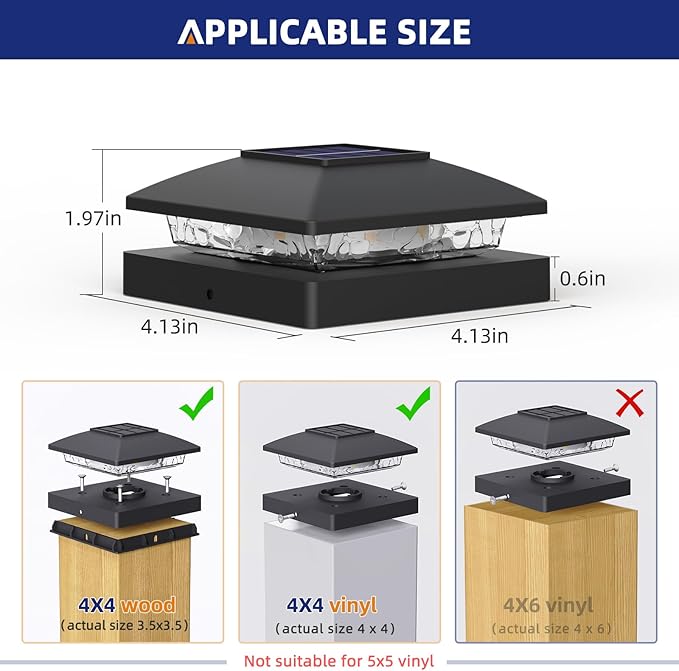 APONUO Solar Post Cap Lights for 4x4 Wood & Vinyl Posts, IP44 Waterproof Cool White LED 4x4 Post Solar Lights, Outdoor Garden Patio Yard Decor, 12 Pack (Black)