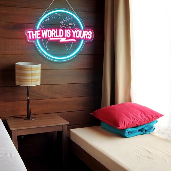 The World Is Yours Neon Sign, Carved Planet The World Is Yours LED Neon Light Lamp for Wall Decor, Light Up Signs for Office Wedding Man Cave Game Room Bedroom Birthday Gift