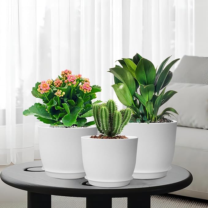 9/8/7.5 inch Flower Pots, Set of 3 Modern Decorative Plastic Planters with Drainage Holes and Saucers, Plant Pots for Indoor Outdoor Plants, White