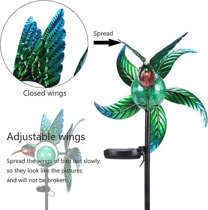 Solar Lights Outdoor Garden Hummingbird Solar Garden Stakes Light Decorative Wind Spinner Pathway Light for Yard Decor Green