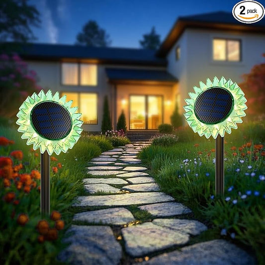 Outdoor Solar Lights, 2 Pack Led Solar Sunflower Lights, Stake/Wall 2-in-1 Waterproof Solar Garden Lights for Yard, Landscape, Fence, Patio, Driveway, Pathway, Backyard Decoration (Warm White)